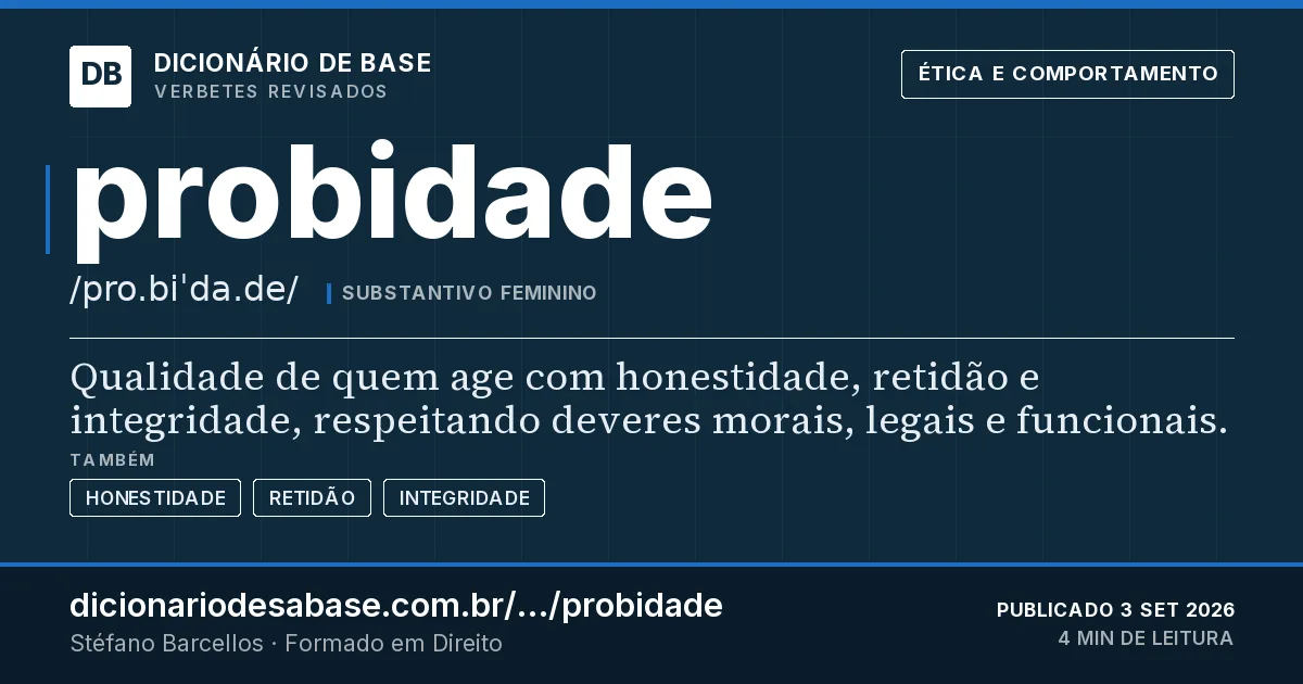 Cartão do verbete probidade: Qualidade de quem age com honestidade, retidão e integridade, respeitando deveres morais, legais e funcionais.