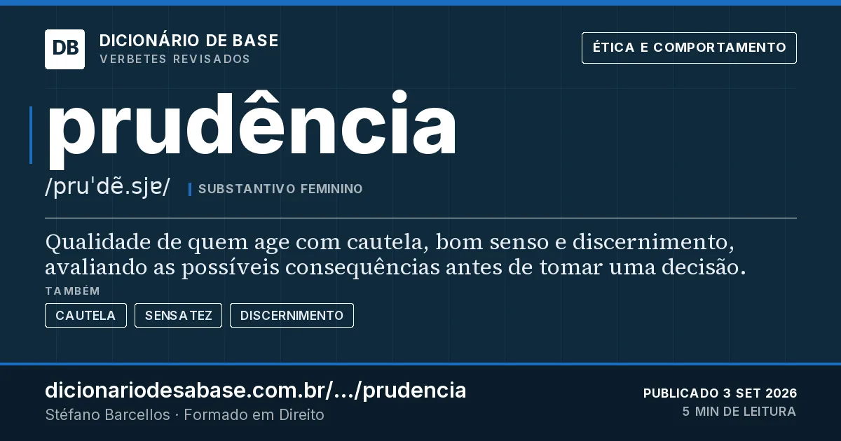Cartão do verbete prudência: Qualidade de quem age com cautela, bom senso e discernimento, avaliando as possíveis consequências antes de tomar uma…