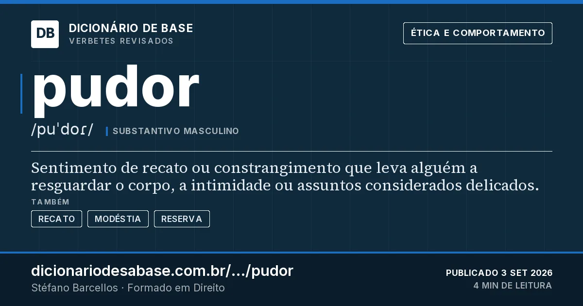 Cartão do verbete pudor: Sentimento de recato ou constrangimento que leva alguém a resguardar o corpo, a intimidade ou assuntos considerados…