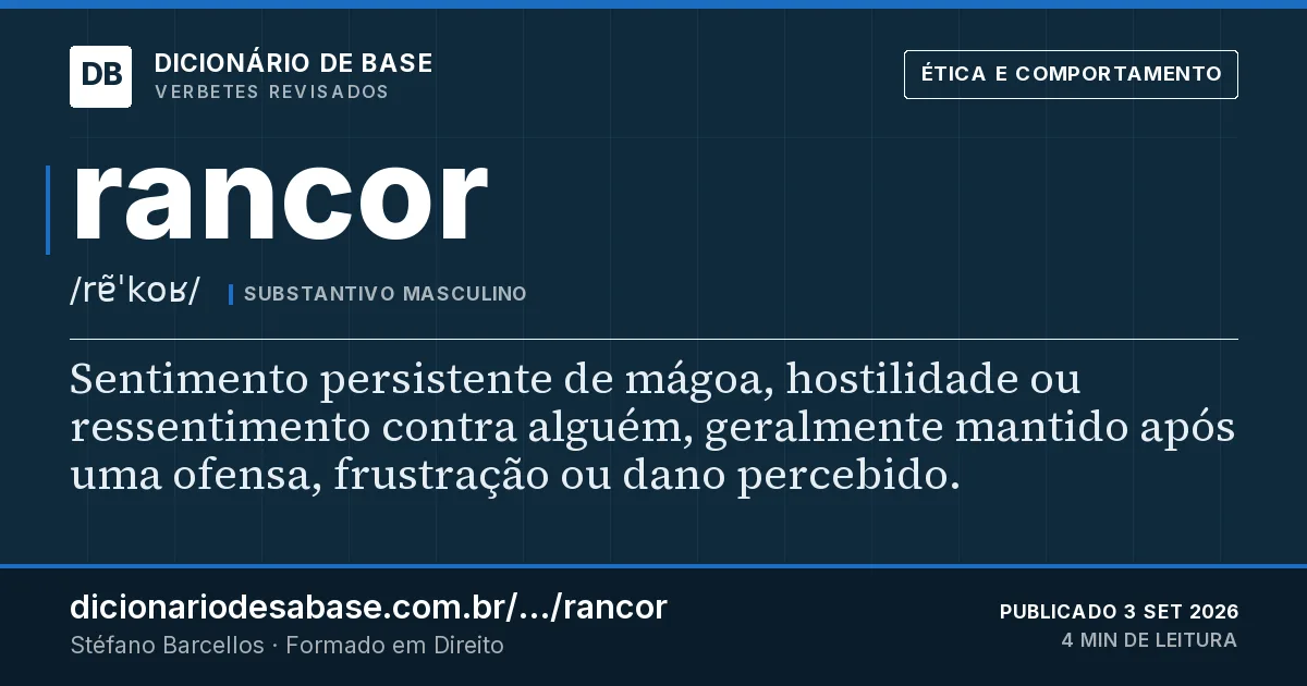 Cartão do verbete rancor: Sentimento persistente de mágoa, hostilidade ou ressentimento contra alguém, geralmente mantido após uma ofensa…