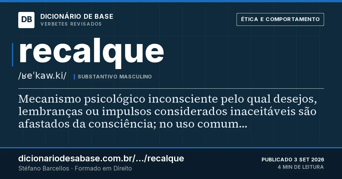Cartão do verbete recalque: Mecanismo psicológico inconsciente pelo qual desejos, lembranças ou impulsos considerados inaceitáveis são afastados da…