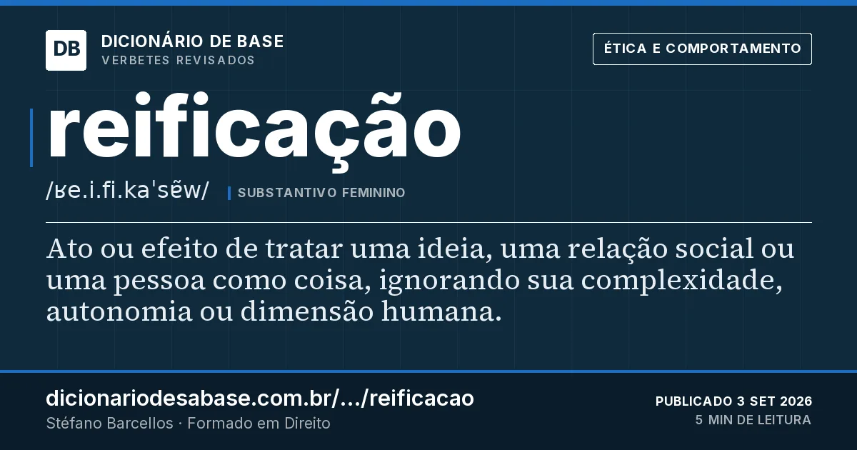 Cartão do verbete reificação: Ato ou efeito de tratar uma ideia, uma relação social ou uma pessoa como coisa, ignorando sua complexidade, autonomia…