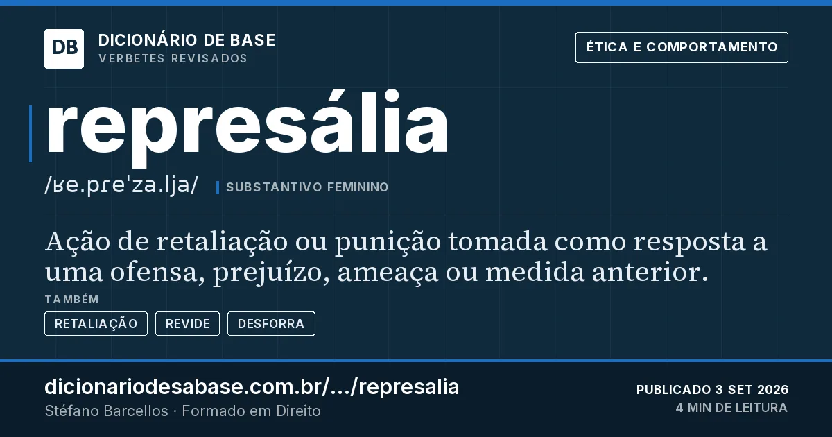 Cartão do verbete represália: Ação de retaliação ou punição tomada como resposta a uma ofensa, prejuízo, ameaça ou medida anterior.