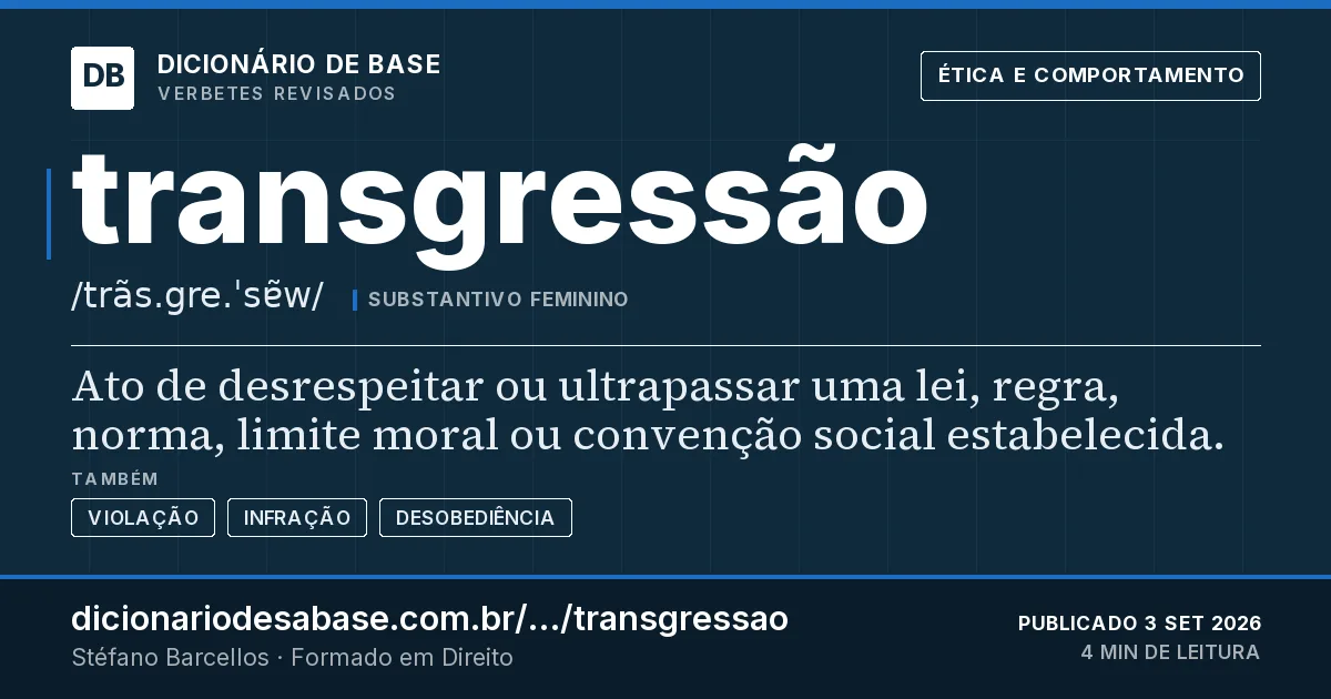 Cartão do verbete transgressão: Ato de desrespeitar ou ultrapassar uma lei, regra, norma, limite moral ou convenção social estabelecida.