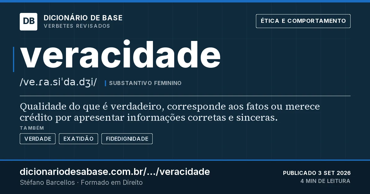 Cartão do verbete veracidade: Qualidade do que é verdadeiro, corresponde aos fatos ou merece crédito por apresentar informações corretas e sinceras.