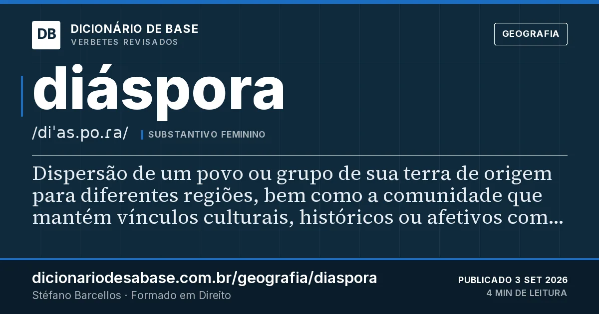 Cartão do verbete diáspora: Dispersão de um povo ou grupo de sua terra de origem para diferentes regiões, bem como a comunidade que mantém vínculos…