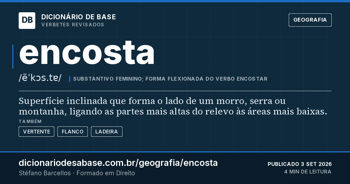 Cartão do verbete encosta: Superfície inclinada que forma o lado de um morro, serra ou montanha, ligando as partes mais altas do relevo às áreas…