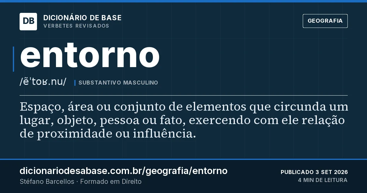 Cartão do verbete entorno: Espaço, área ou conjunto de elementos que circunda um lugar, objeto, pessoa ou fato, exercendo com ele relação de…