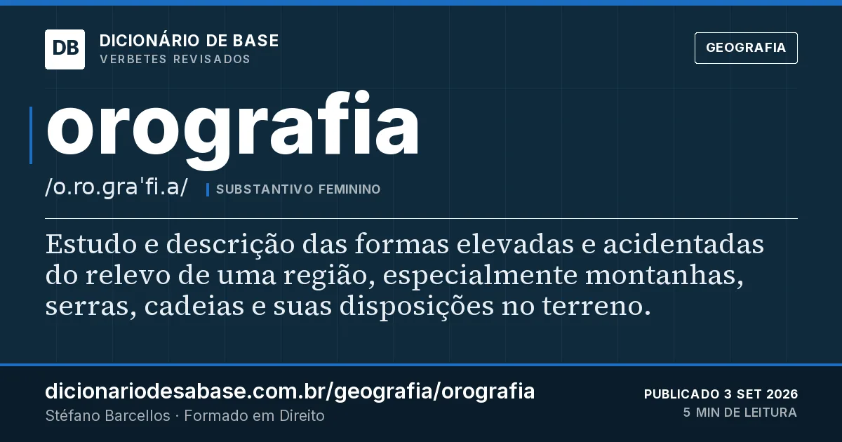 Cartão do verbete orografia: Estudo e descrição das formas elevadas e acidentadas do relevo de uma região, especialmente montanhas, serras, cadeias…