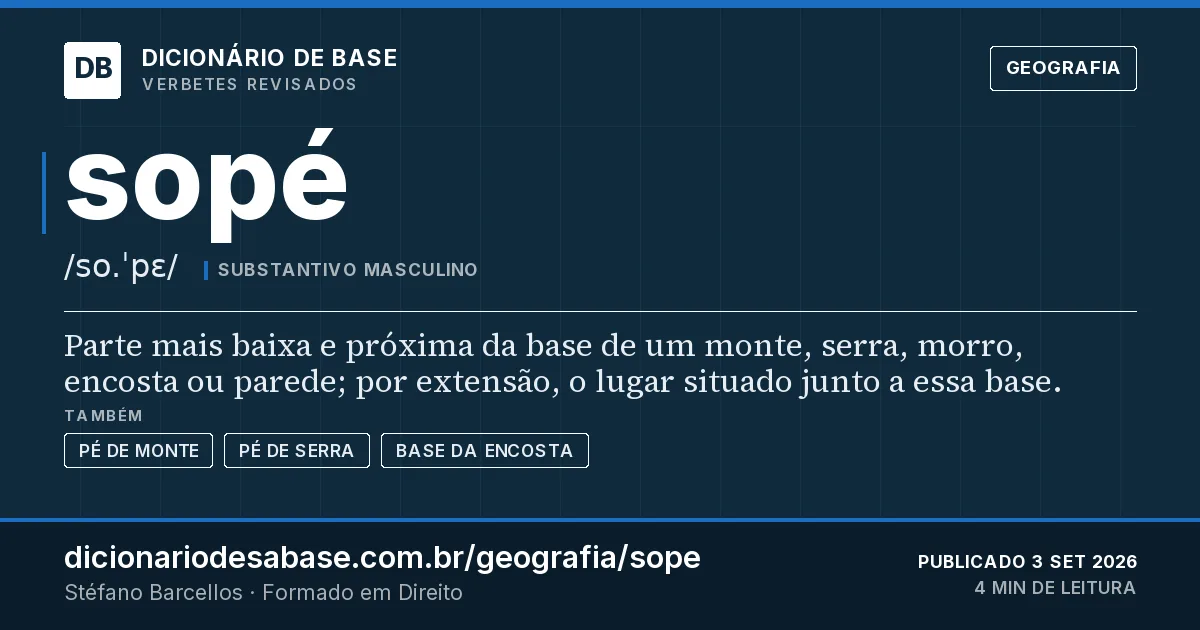 Cartão do verbete sopé: Parte mais baixa e próxima da base de um monte, serra, morro, encosta ou parede; por extensão, o lugar situado junto a…