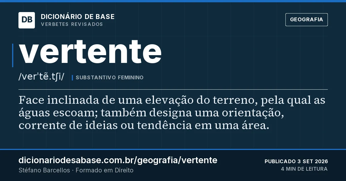 Cartão do verbete vertente: Face inclinada de uma elevação do terreno, pela qual as águas escoam; também designa uma orientação, corrente de ideias…