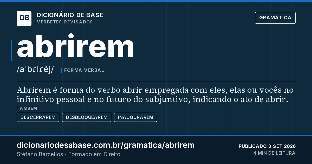 Cartão do verbete abrirem: Abrirem é forma do verbo abrir empregada com eles, elas ou vocês no infinitivo pessoal e no futuro do subjuntivo…