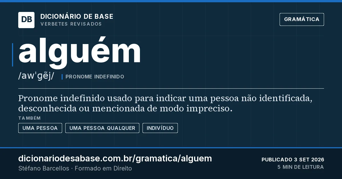 Cartão do verbete alguém: Pronome indefinido usado para indicar uma pessoa não identificada, desconhecida ou mencionada de modo impreciso.