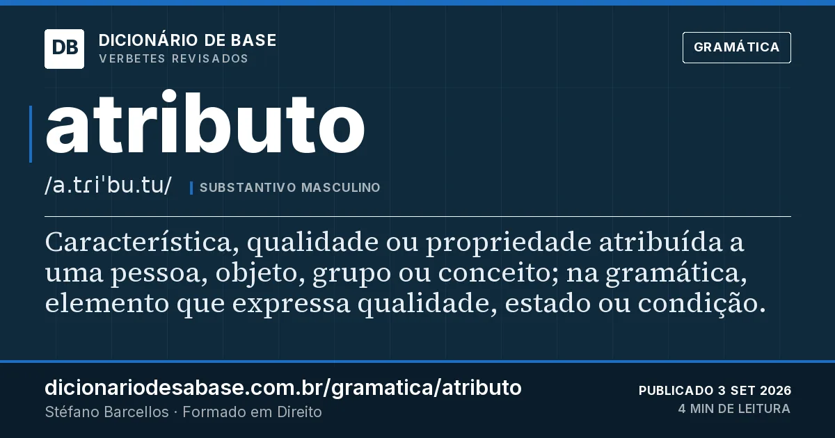 Cartão do verbete atributo: Característica, qualidade ou propriedade atribuída a uma pessoa, objeto, grupo ou conceito; na gramática, elemento que…