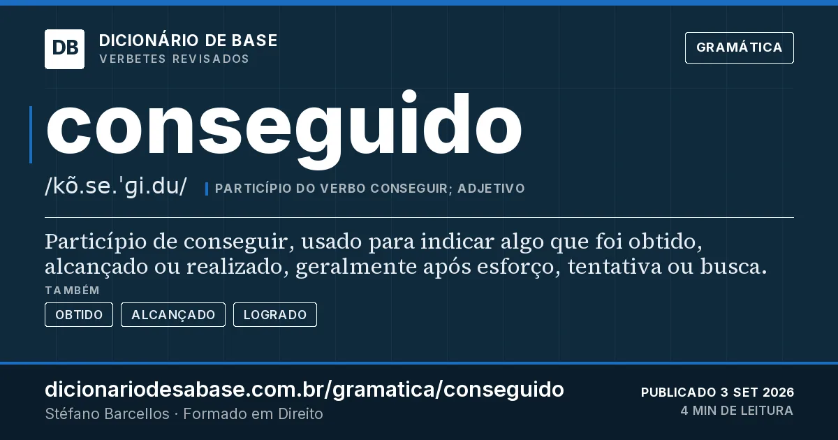 Cartão do verbete conseguido: Particípio de conseguir, usado para indicar algo que foi obtido, alcançado ou realizado, geralmente após esforço…
