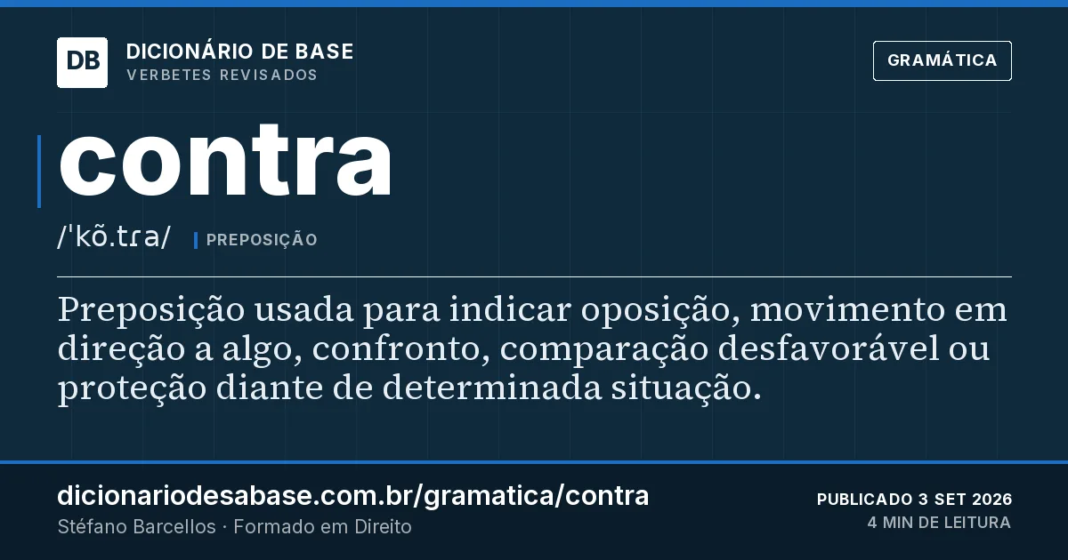 Cartão do verbete contra: Preposição usada para indicar oposição, movimento em direção a algo, confronto, comparação desfavorável ou proteção…