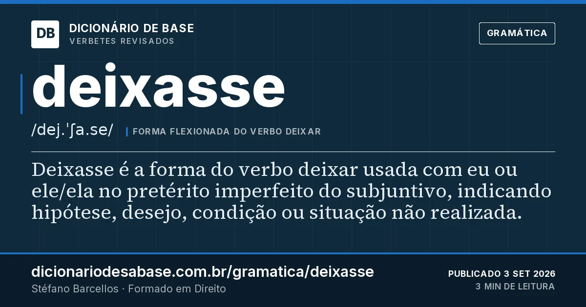Cartão do verbete deixasse: Deixasse é a forma do verbo deixar usada com eu ou ele/ela no pretérito imperfeito do subjuntivo, indicando hipótese…