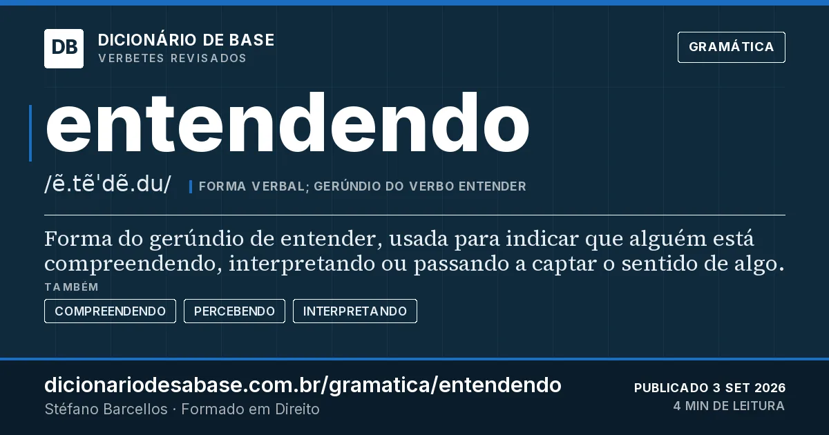 Cartão do verbete entendendo: Forma do gerúndio de entender, usada para indicar que alguém está compreendendo, interpretando ou passando a captar o…