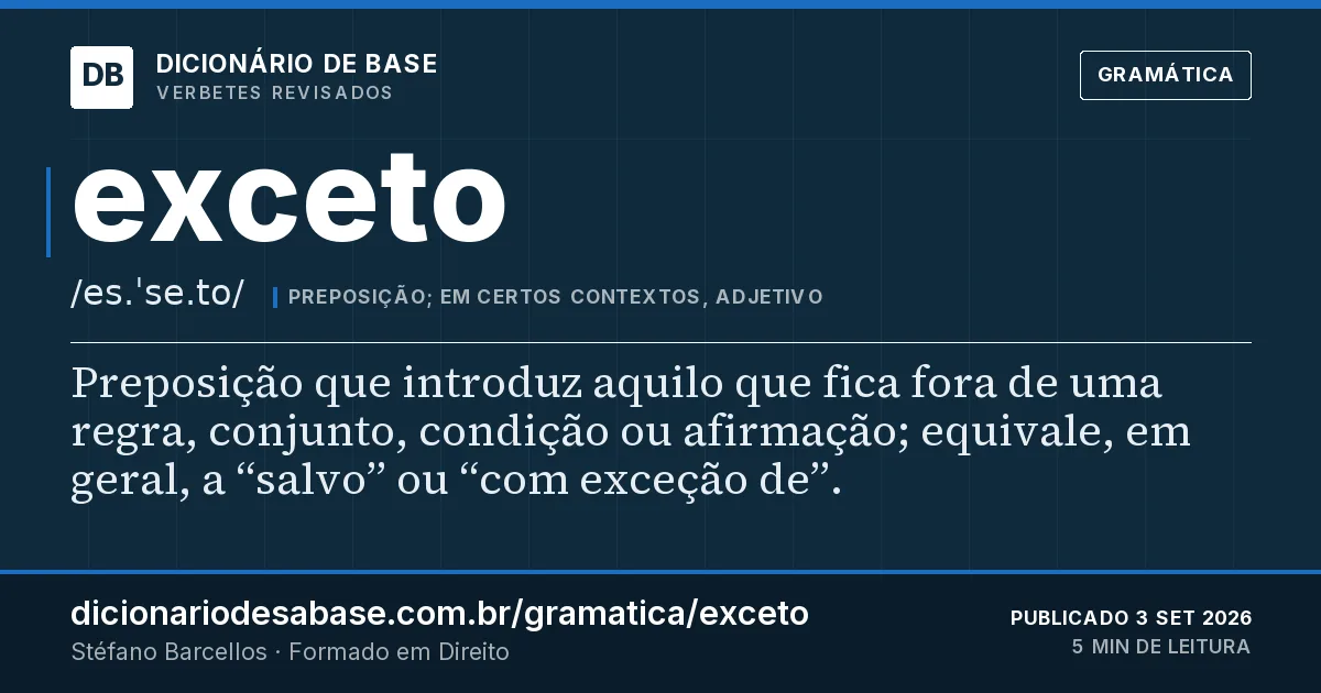 Cartão do verbete exceto: Preposição que introduz aquilo que fica fora de uma regra, conjunto, condição ou afirmação; equivale, em geral, a…