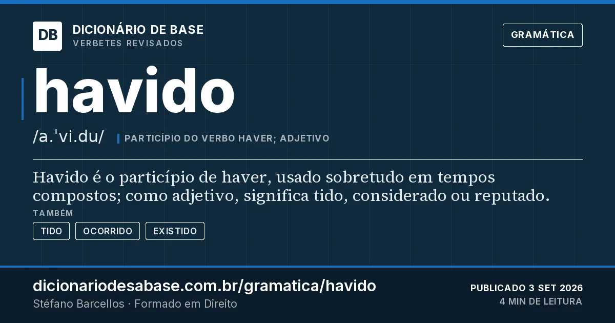 Cartão do verbete havido: Havido é o particípio de haver, usado sobretudo em tempos compostos; como adjetivo, significa tido, considerado ou…