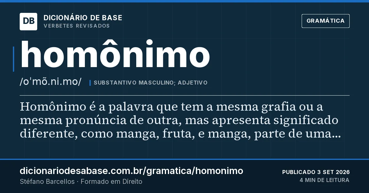 Cartão do verbete homônimo: Homônimo é a palavra que tem a mesma grafia ou a mesma pronúncia de outra, mas apresenta significado diferente, como…