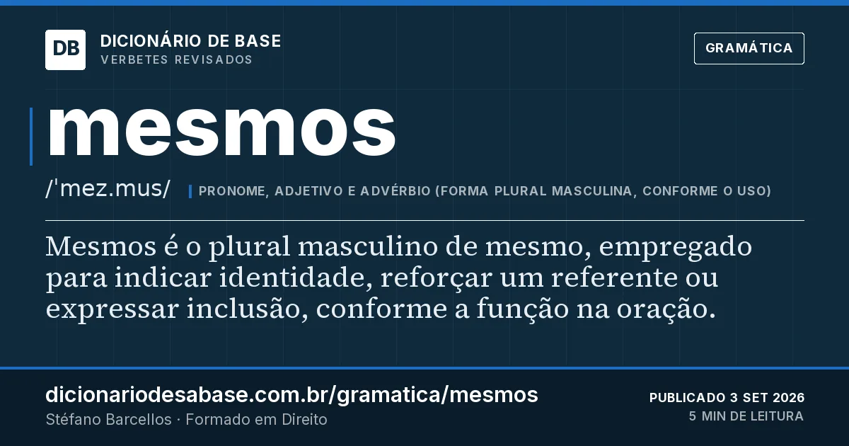 Cartão do verbete mesmos: Mesmos é o plural masculino de mesmo, empregado para indicar identidade, reforçar um referente ou expressar inclusão…