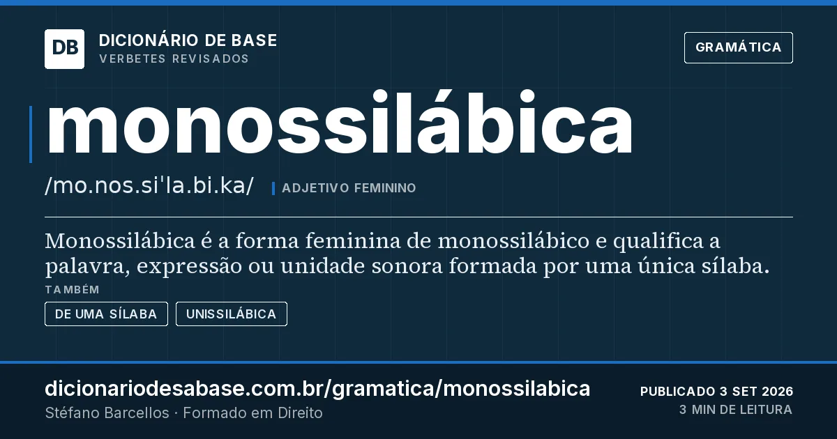 Cartão do verbete monossilábica: Monossilábica é a forma feminina de monossilábico e qualifica a palavra, expressão ou unidade sonora formada por uma…
