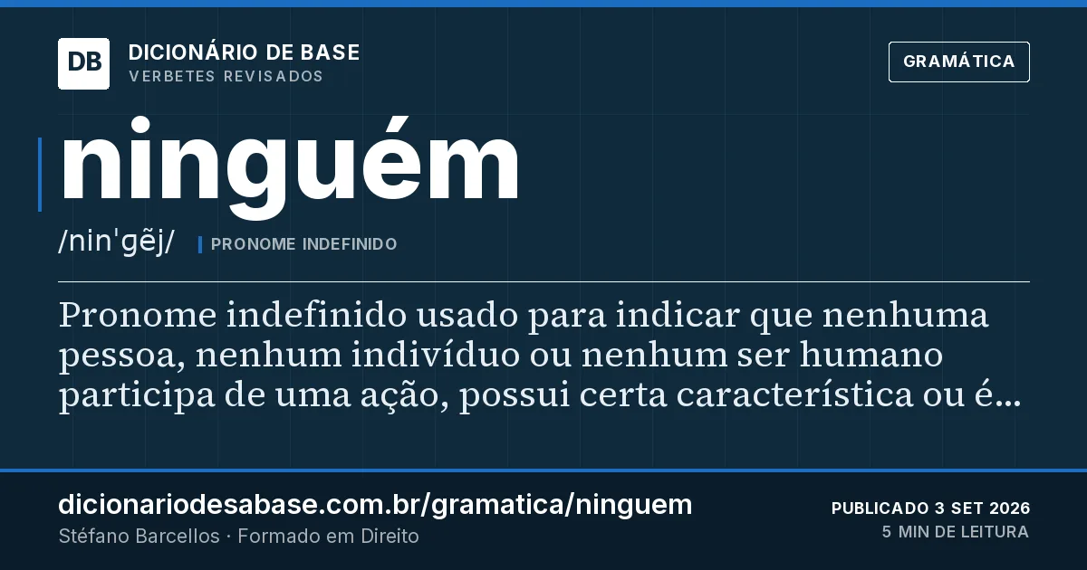 Cartão do verbete ninguém: Pronome indefinido usado para indicar que nenhuma pessoa, nenhum indivíduo ou nenhum ser humano participa de uma ação…