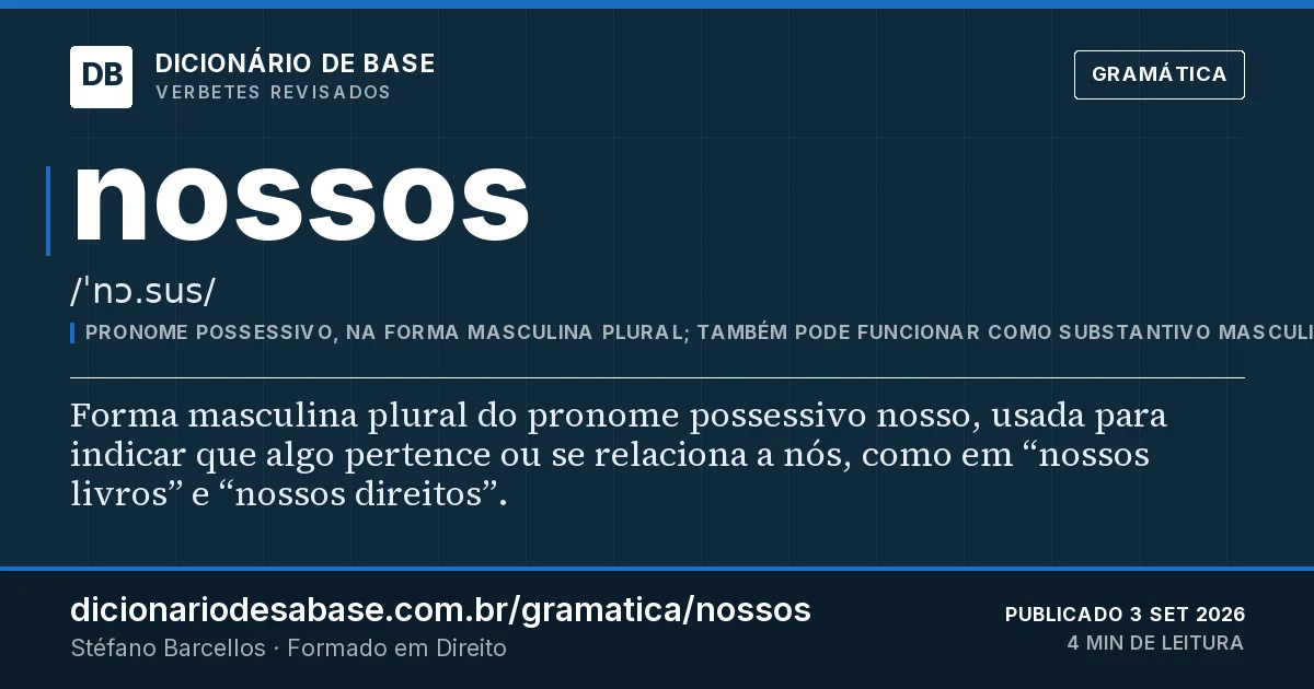 Cartão do verbete nossos: Forma masculina plural do pronome possessivo nosso, usada para indicar que algo pertence ou se relaciona a nós, como em…