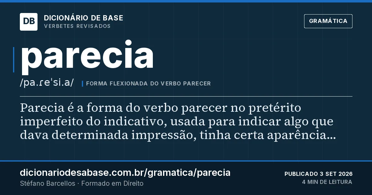 Cartão do verbete parecia: Parecia é a forma do verbo parecer no pretérito imperfeito do indicativo, usada para indicar algo que dava determinada…