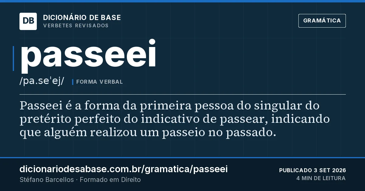 Cartão do verbete passeei: Passeei é a forma da primeira pessoa do singular do pretérito perfeito do indicativo de passear, indicando que alguém…
