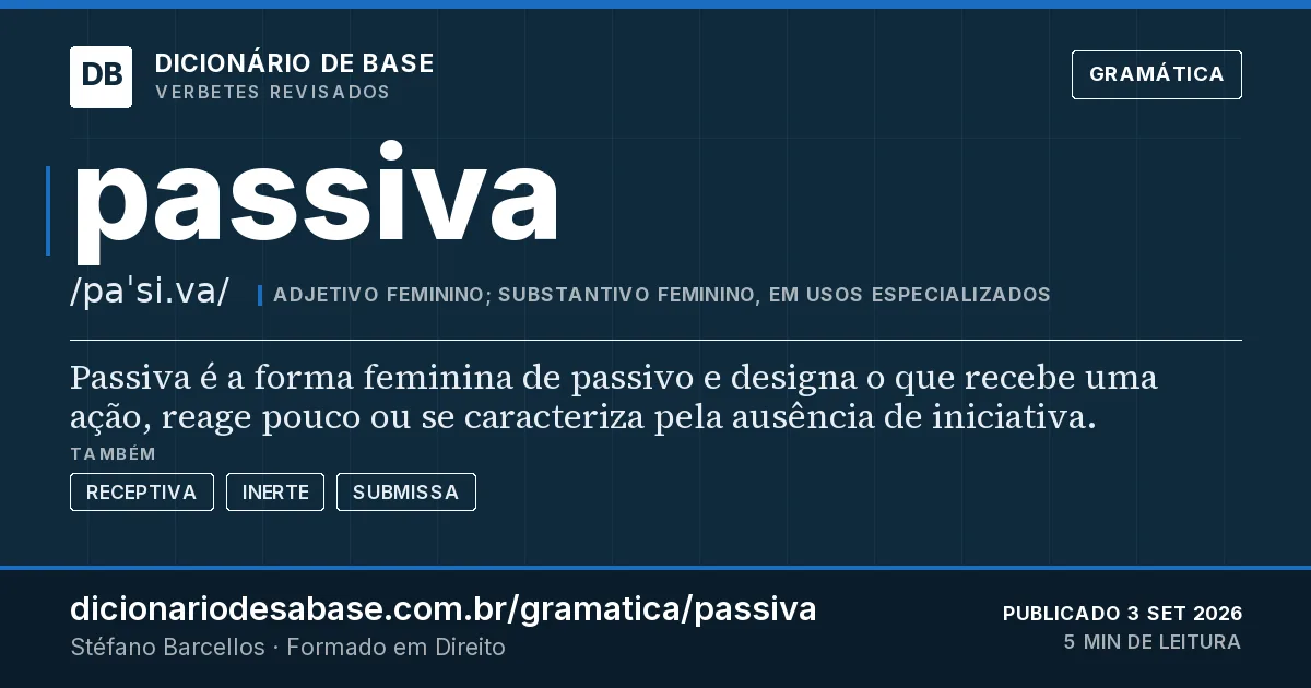 Cartão do verbete passiva: Passiva é a forma feminina de passivo e designa o que recebe uma ação, reage pouco ou se caracteriza pela ausência de…