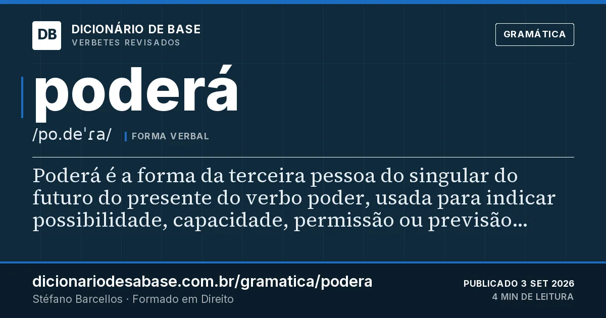 Cartão do verbete poderá: Poderá é a forma da terceira pessoa do singular do futuro do presente do verbo poder, usada para indicar possibilidade…