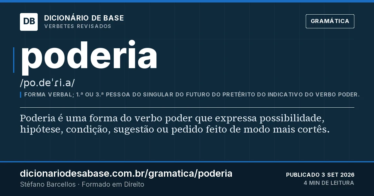 Cartão do verbete poderia: Poderia é uma forma do verbo poder que expressa possibilidade, hipótese, condição, sugestão ou pedido feito de modo…