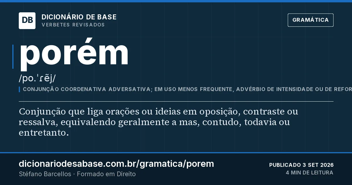 Cartão do verbete porém: Conjunção que liga orações ou ideias em oposição, contraste ou ressalva, equivalendo geralmente a mas, contudo, todavia…
