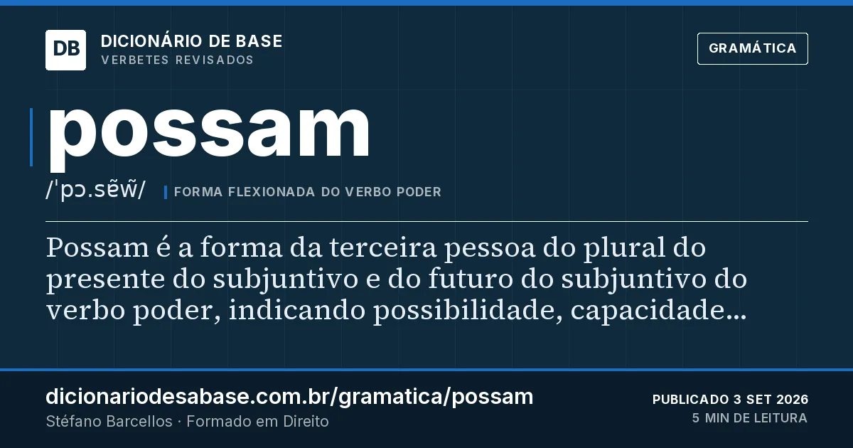Cartão do verbete possam: Possam é a forma da terceira pessoa do plural do presente do subjuntivo e do futuro do subjuntivo do verbo poder…