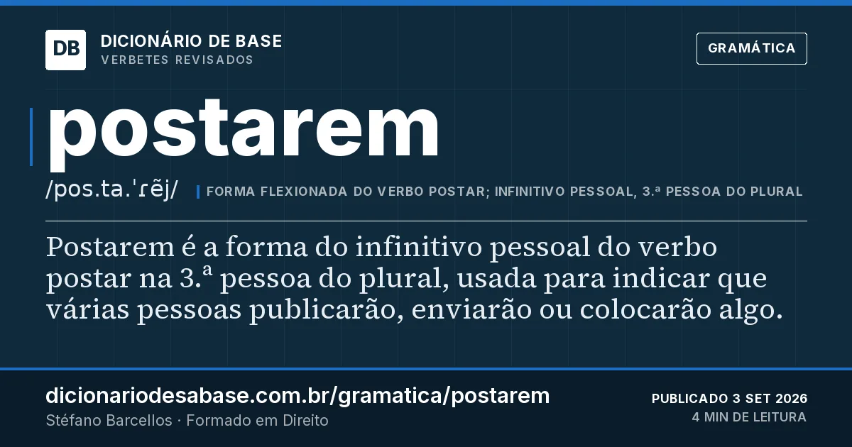 Cartão do verbete postarem: Postarem é a forma do infinitivo pessoal do verbo postar na 3.ª pessoa do plural, usada para indicar que várias pessoas…