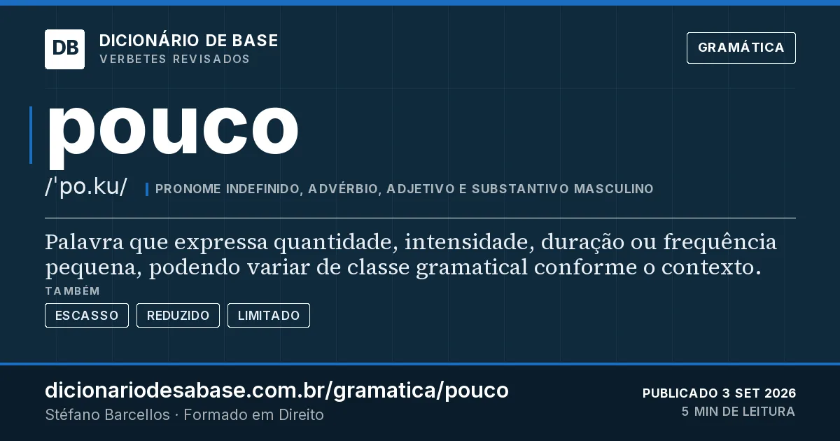 Cartão do verbete pouco: Palavra que expressa quantidade, intensidade, duração ou frequência pequena, podendo variar de classe gramatical…