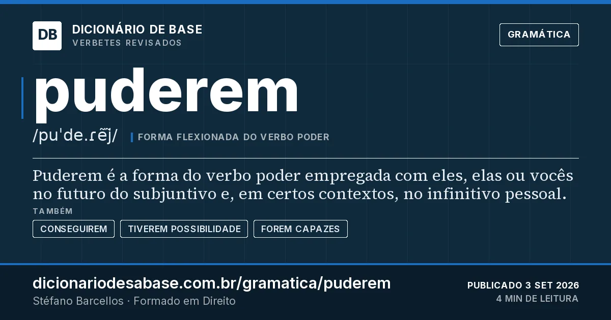 Cartão do verbete puderem: Puderem é a forma do verbo poder empregada com eles, elas ou vocês no futuro do subjuntivo e, em certos contextos, no…