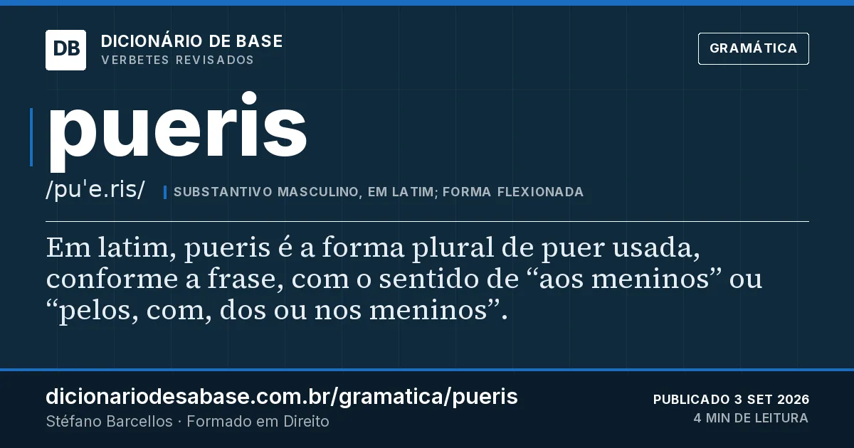 Cartão do verbete pueris: Em latim, pueris é a forma plural de puer usada, conforme a frase, com o sentido de “aos meninos” ou “pelos, com, dos…