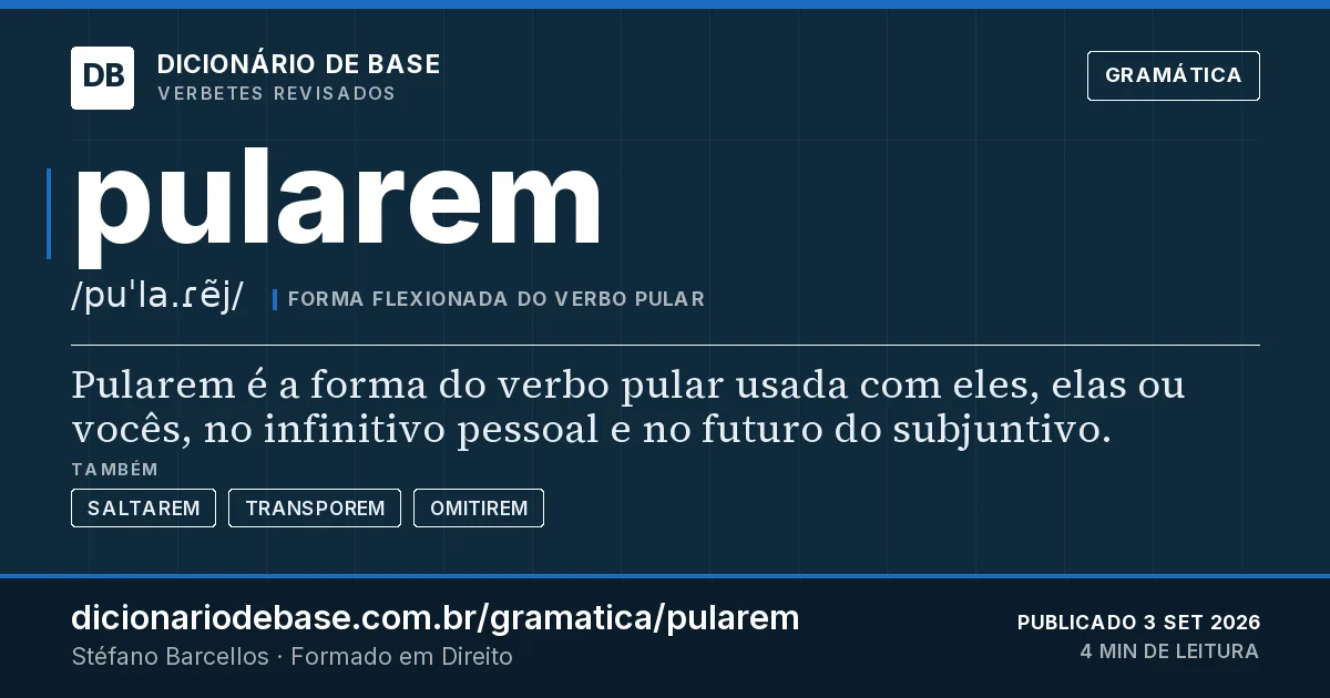 Cartão do verbete pularem: Pularem é a forma do verbo pular usada com eles, elas ou vocês, no infinitivo pessoal e no futuro do subjuntivo.