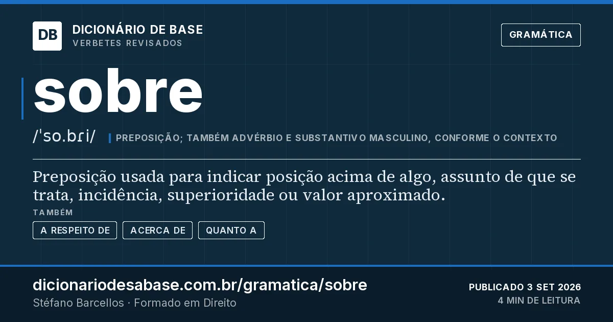 Cartão do verbete sobre: Preposição usada para indicar posição acima de algo, assunto de que se trata, incidência, superioridade ou valor…
