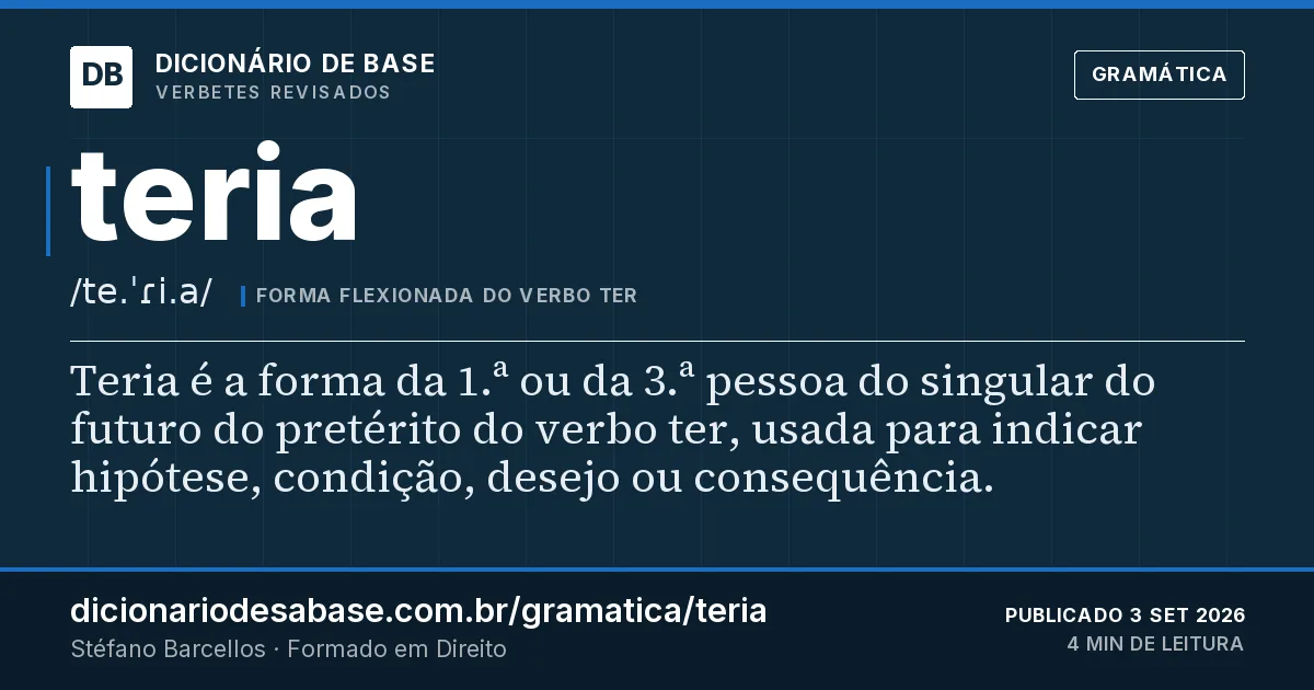 Cartão do verbete teria: Teria é a forma da 1.ª ou da 3.ª pessoa do singular do futuro do pretérito do verbo ter, usada para indicar hipótese…