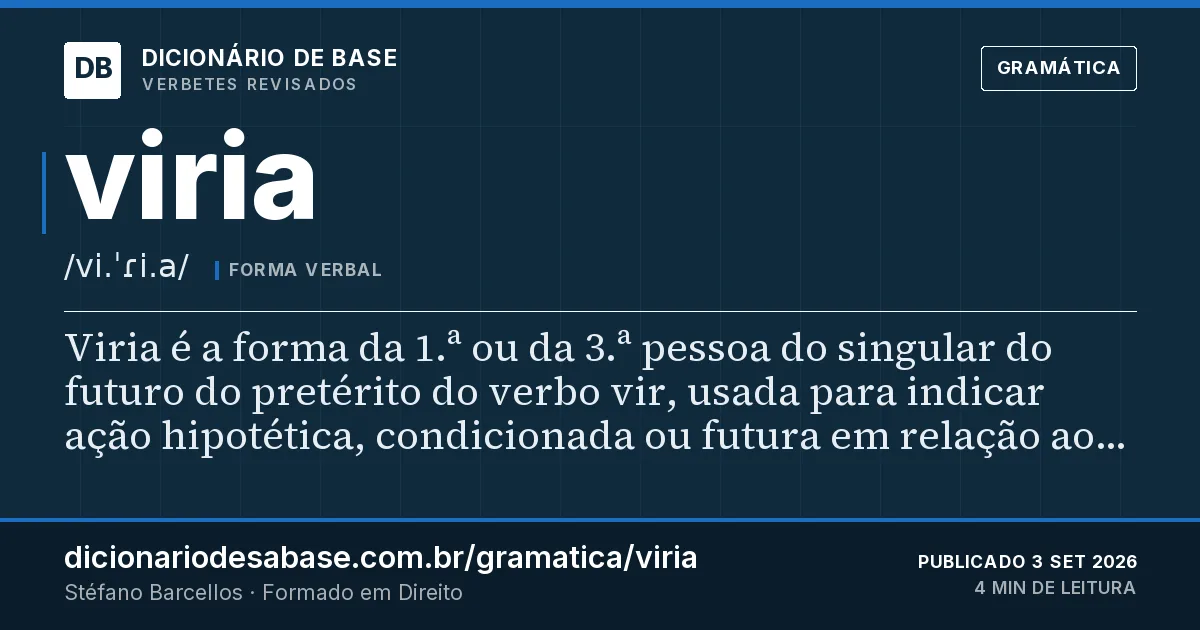 Cartão do verbete viria: Viria é a forma da 1.ª ou da 3.ª pessoa do singular do futuro do pretérito do verbo vir, usada para indicar ação…