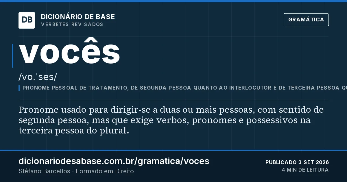 Cartão do verbete vocês: Pronome usado para dirigir-se a duas ou mais pessoas, com sentido de segunda pessoa, mas que exige verbos, pronomes e…