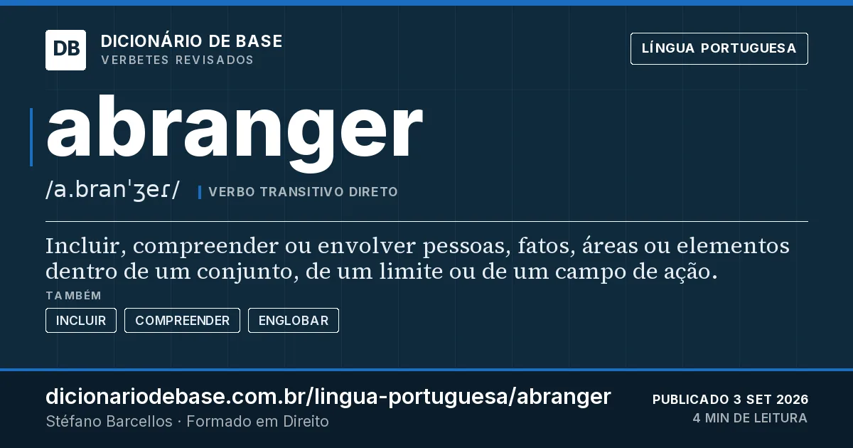 Cartão do verbete abranger: Incluir, compreender ou envolver pessoas, fatos, áreas ou elementos dentro de um conjunto, de um limite ou de um campo…