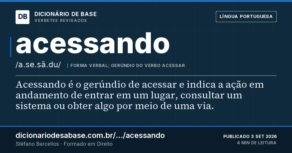 Cartão do verbete acessando: Acessando é o gerúndio de acessar e indica a ação em andamento de entrar em um lugar, consultar um sistema ou obter…