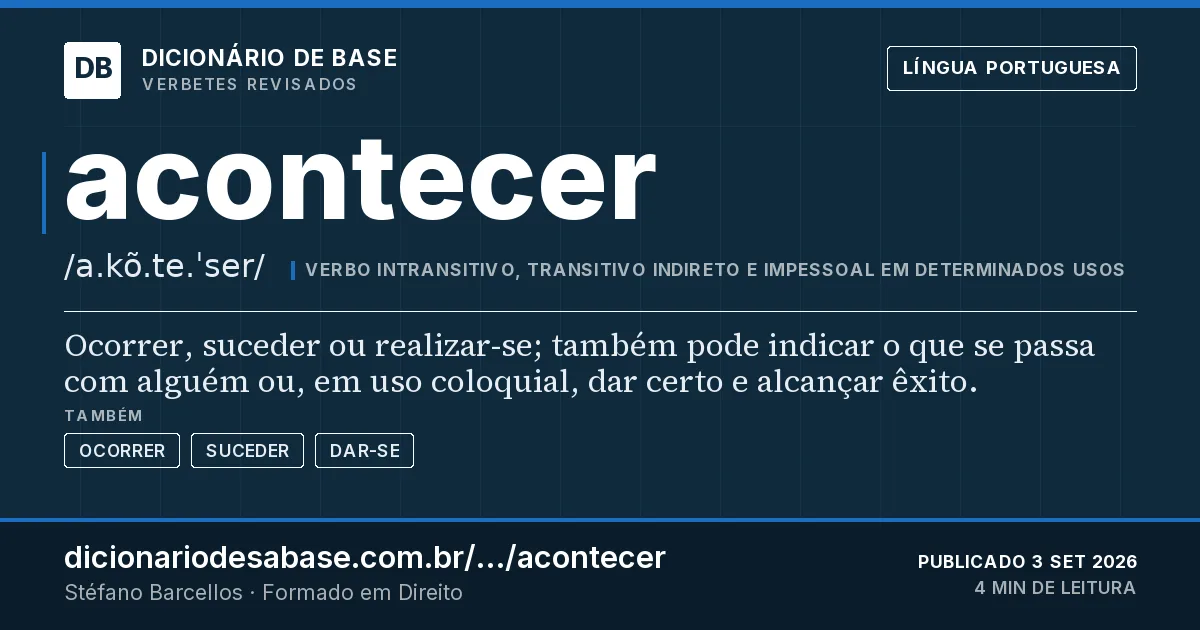 Cartão do verbete acontecer: Ocorrer, suceder ou realizar-se; também pode indicar o que se passa com alguém ou, em uso coloquial, dar certo e…