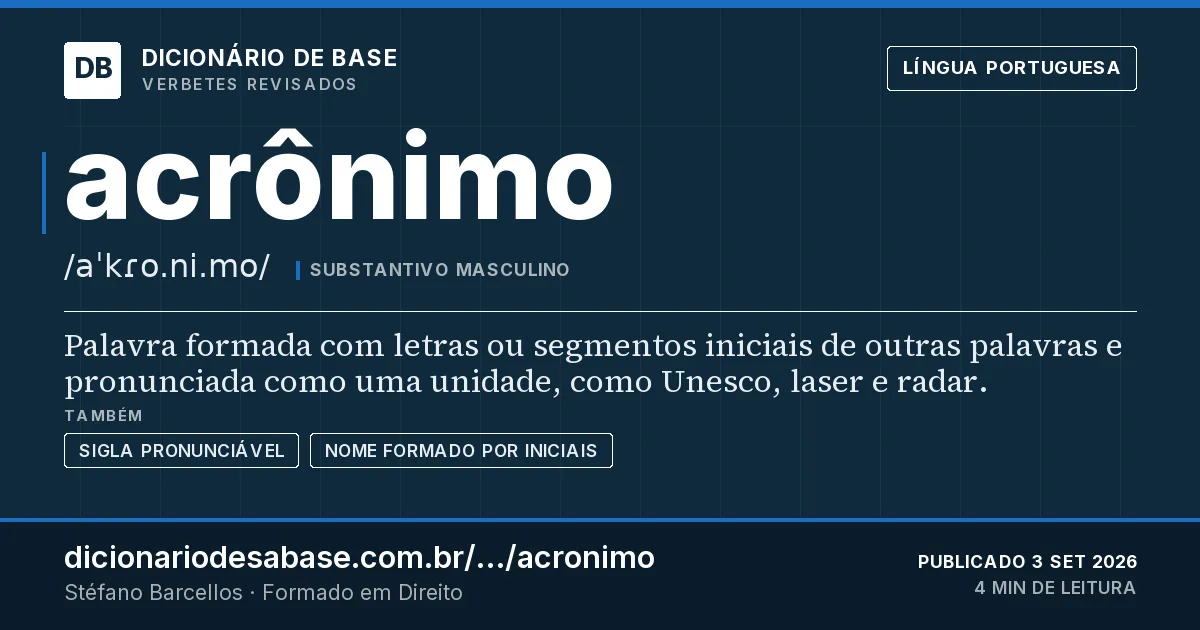 Cartão do verbete acrônimo: Palavra formada com letras ou segmentos iniciais de outras palavras e pronunciada como uma unidade, como Unesco, laser…