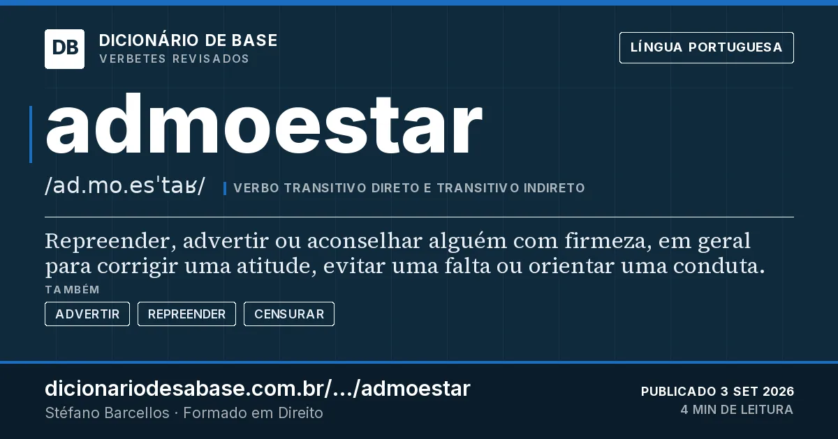 Cartão do verbete admoestar: Repreender, advertir ou aconselhar alguém com firmeza, em geral para corrigir uma atitude, evitar uma falta ou orientar…